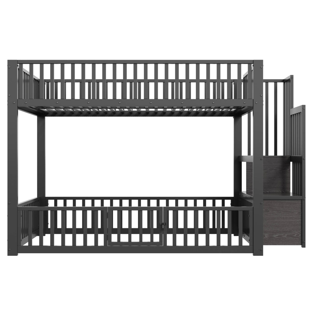 Letto a castello 140x200 cm in metallo nero con LED e scaletta contenitore