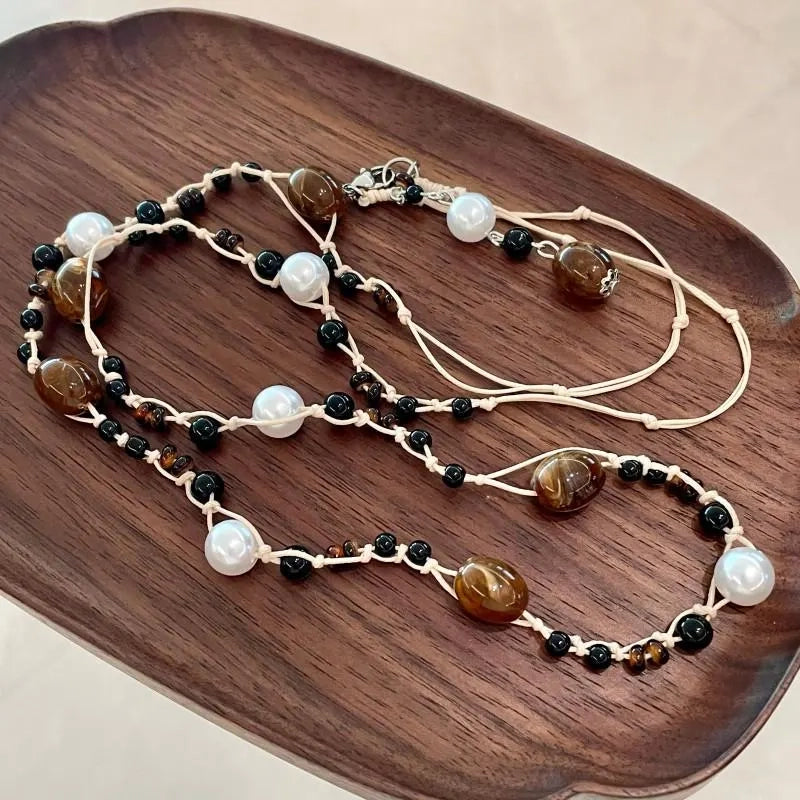 Collana vintage con perle di cristallo: gioiello marrone fatto a mano, idea regalo