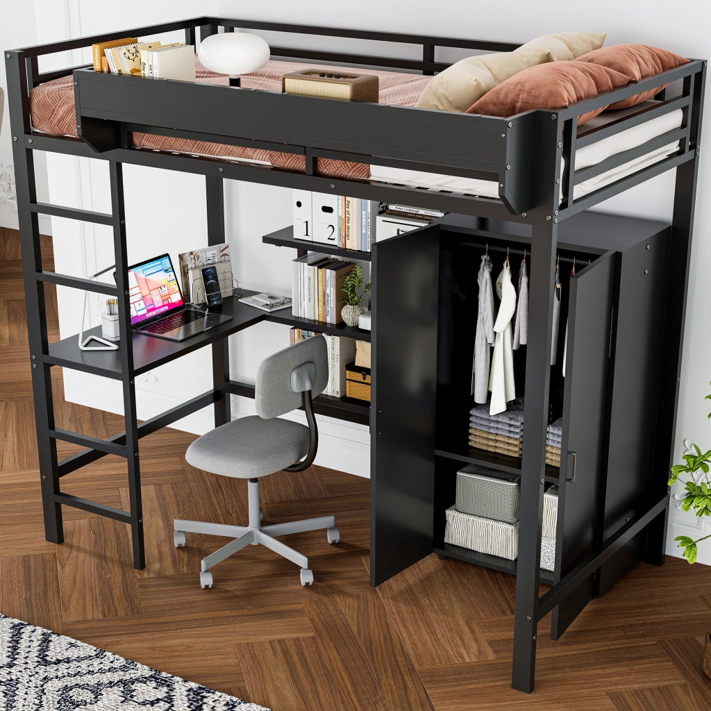 DESMIU Letto a soppalco 1 posto con scrivania, armadio, ripiani e scala a 5 gradini 90 × 200 cm, senza materasso