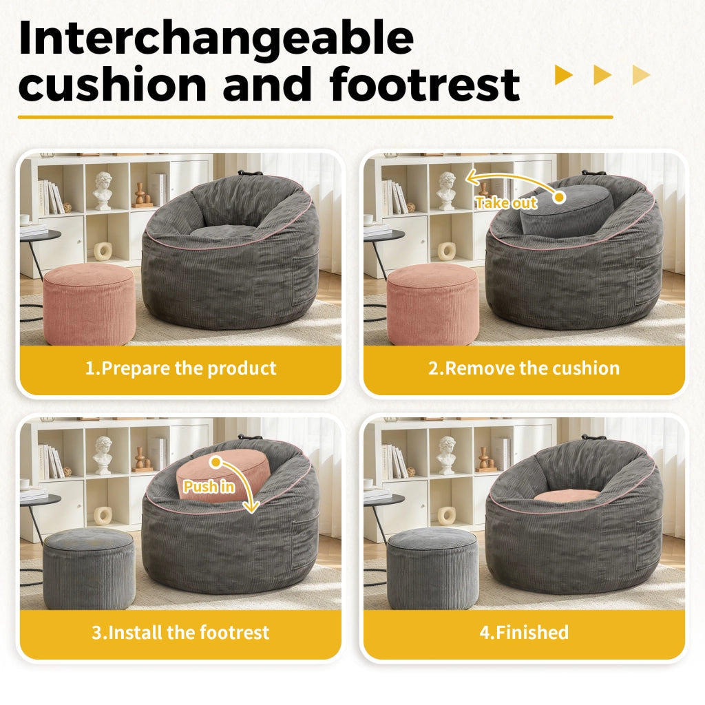 Fauteuil pouf ergonomico con tasca laterale e pouf cilindrico in flanella grigio 50 × 43,5 × 35,5 cm
