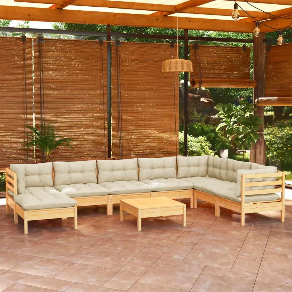 Set Divani da Giardino 9 pz con Cuscini Crema in Massello di Pino cod mxl 43472