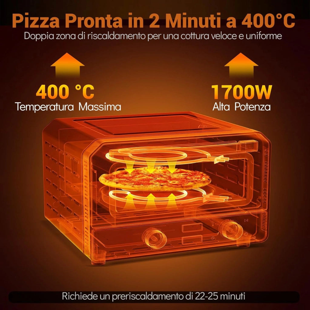 Forno Pizza Elettrico, 1700 W Macchina per Pizza Professionale con 6 Modalità Preimpostate Taglierina e Pietra Refrattaria, Raggiunge fino 400°C, 43x47x28 cm