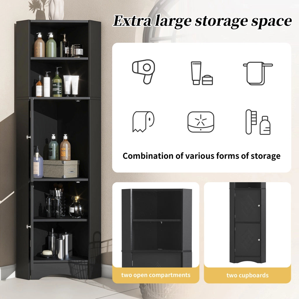 Mobile bagno angolare con vani aperti - per bagno - in truciolare - 36.5×36.5×155 cm - nero