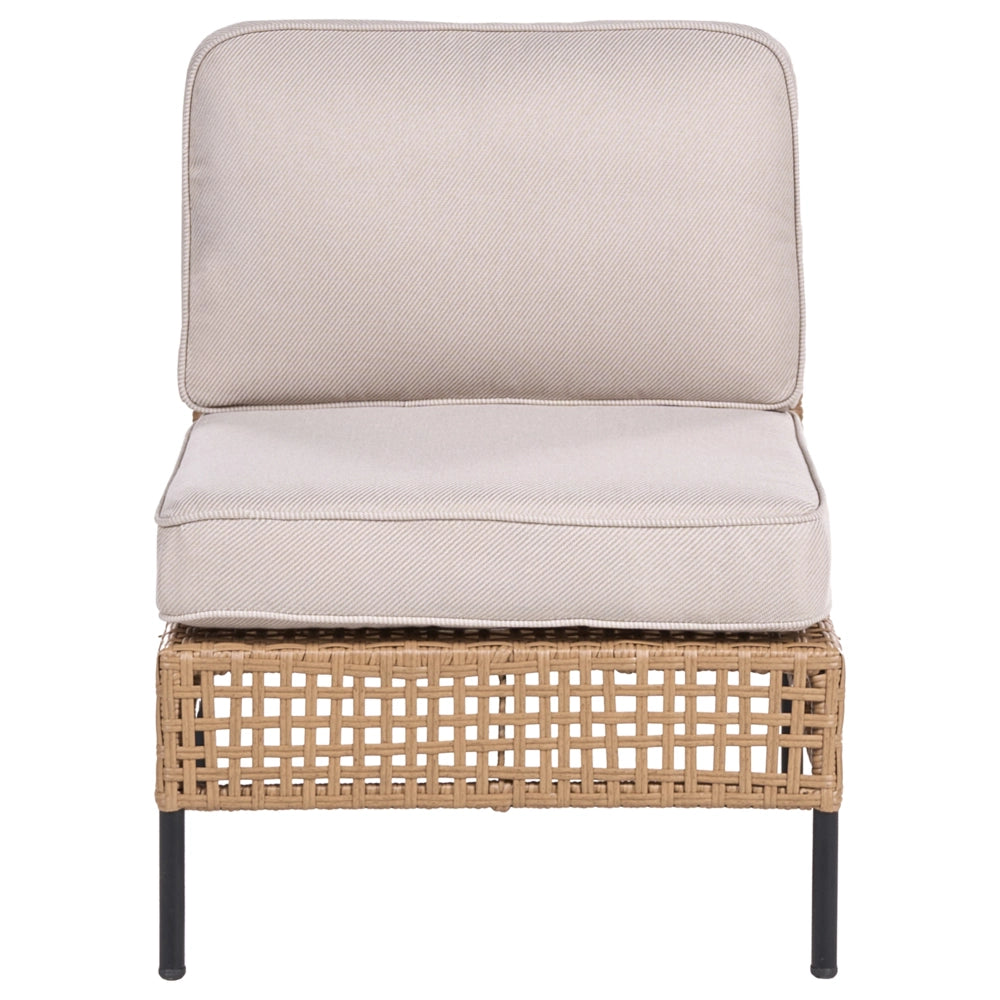 Set da giardino modulare in rattan PE beige chiaro a 6 posti con tavolino in vetro, struttura in metallo e cuscini, stile moderno