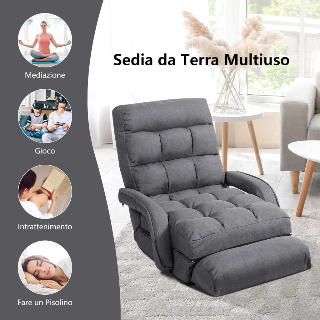 Poltrona Divano con 5 Livelli Regolabili, Sedia da Terra con Braccioli e Cuscino, Struttura in Acciaio, Multifunzione e Pieghevole per Soggiorno Camera da Letto, 55x66x71 cm (Grigio)