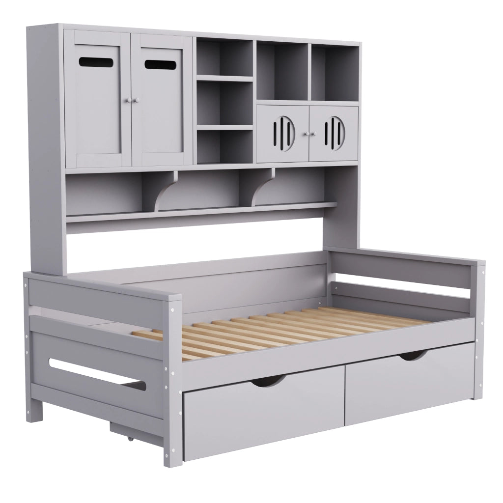 OKWISH Letto Divano 90×200 cm, Letto Singolo con 2 Cassetti, Vani Contenitore e Armadietti, senza Materasso, Legno, Grigio