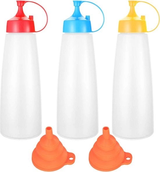 Bottiglie a schiocco 500 Ml con tappo a vite - Dispensatore di sciroppo di acero per dosare ketchup - Bottiglia a schiocco in plastica per maionese e salse calde - Olio d'oliva senape - Inclusa la ciotola a imbuto