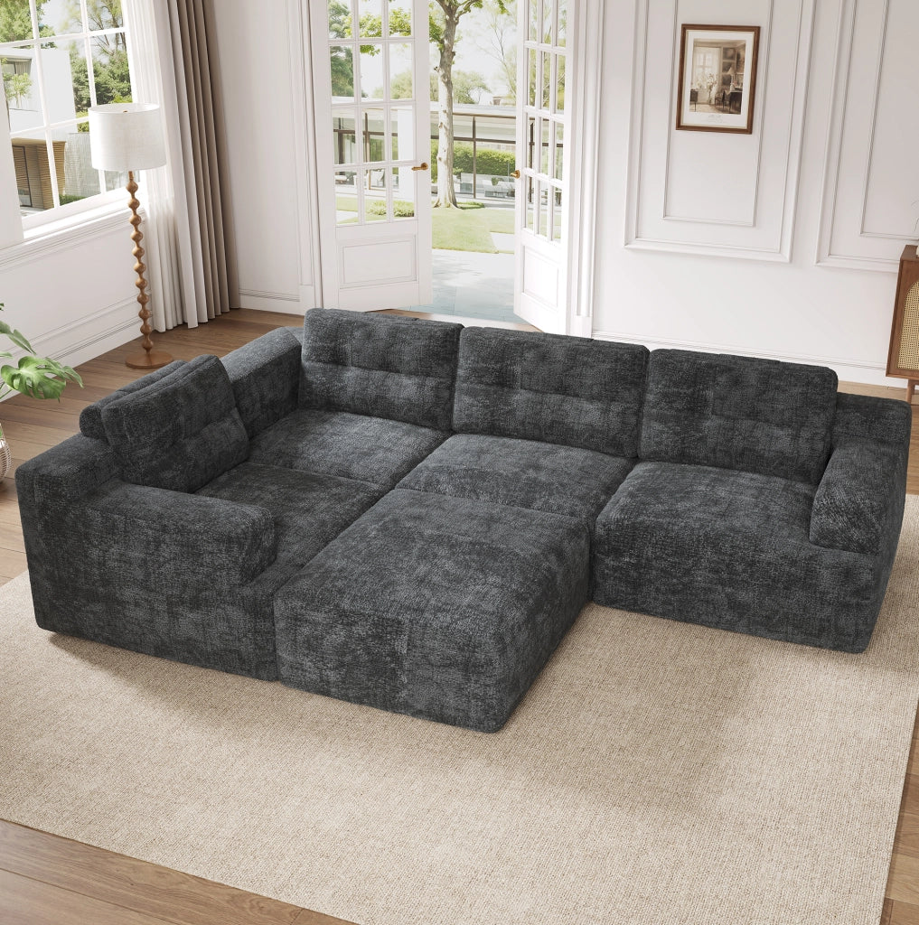 Divano modulare 5-6 posti in ciniglia grigio con pouf; 252x180x82 cm