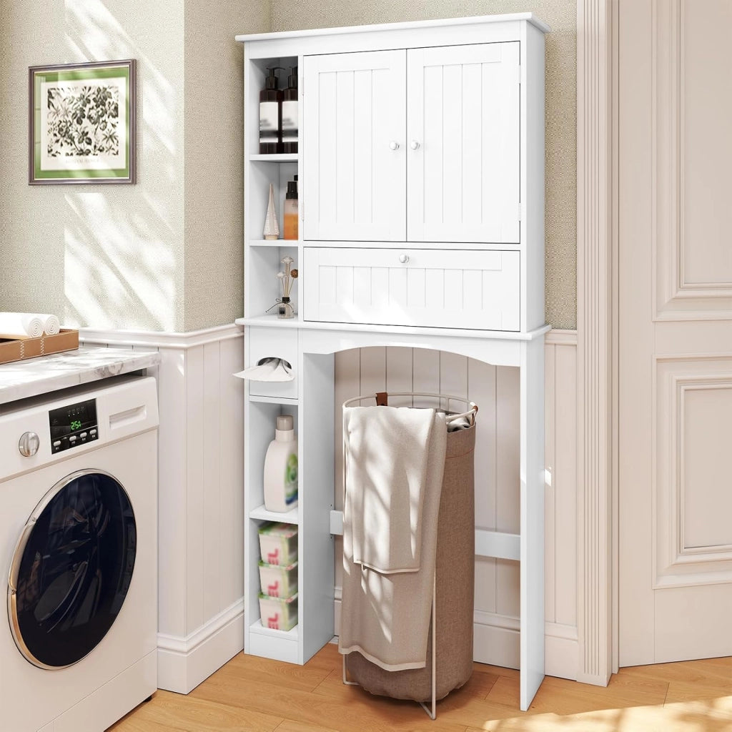 Mobiletto Spora WC 80 x 21 x 165 cm, Scaffale Lavatrice con 2 Ante, Ripiano Regolabile, Barra Inferiore e Porta Carta Igienica, Mobile Portabiancheria per Bagno