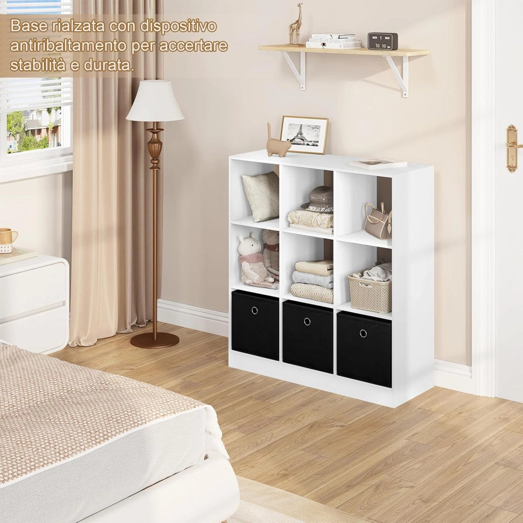 Libreria Bianca, Libreria a 9 Cubi Portaoggetti, Scaffale in Legno con 3 Cassetti in Tessuto Non Tessuto, per Soggiorno, Camera da Letto, Ufficio, 80x30x86,5 cm, SK041ws
