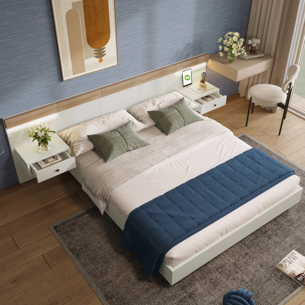 Letto matrimoniale 160x200 cm con comodini LED; USB C e presa EU; legno bianco e quercia Sonoma