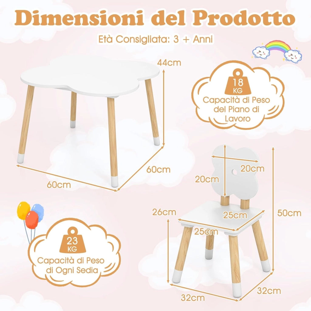 Set Tavolo per Bambini a Forma di Fiore, Tavolino e Sedia in Legno con 2 Sedie e Gambe in Legno di Pino Solido, Tavolino Bambini 3+ Anni per Disegno, Arte e Studio (Bianco)