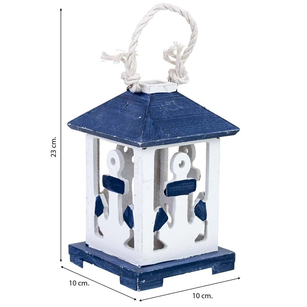 Portacandele da appendere in legno con ancora blu 10x10x23h cm