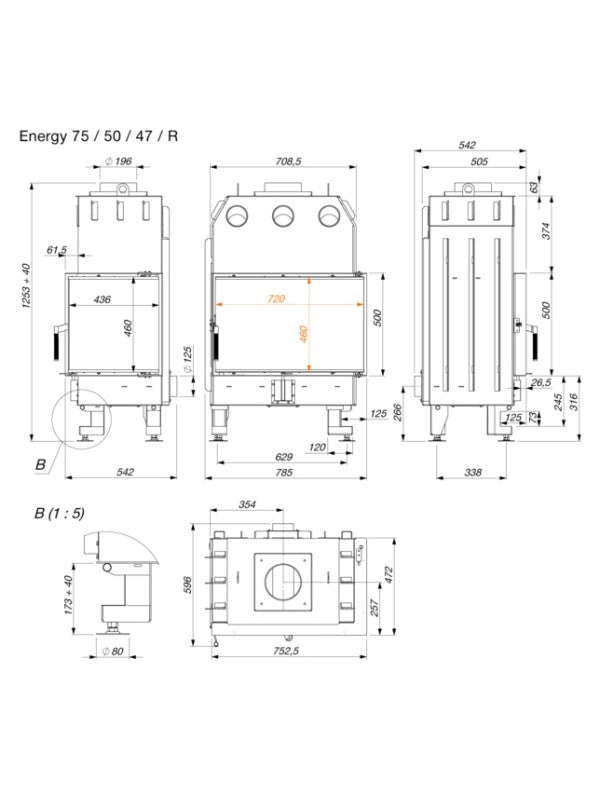 Caminetto ad angolo Inserto Apertura destra Nero Energy 75x50x47 (15,1 kW) ECO