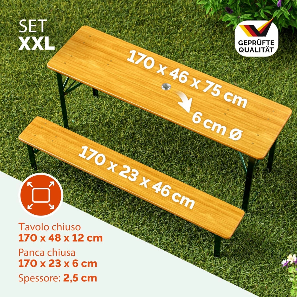 Set da Birreria Pieghevole 170cm Tavolo (170x46x75cm) con Foro Ombrellone 2x Panche in Legno (170x23x46cm) Party Sagra Festa Evento Giardino