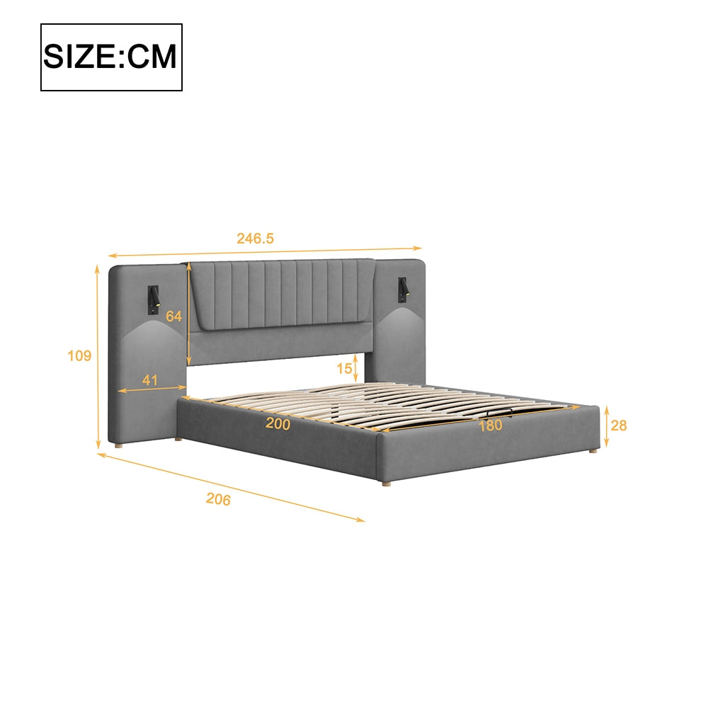 Letto a cassettoni - Xylo - 180x200 cm - Grigio - Dossier lungo, lampada, USB