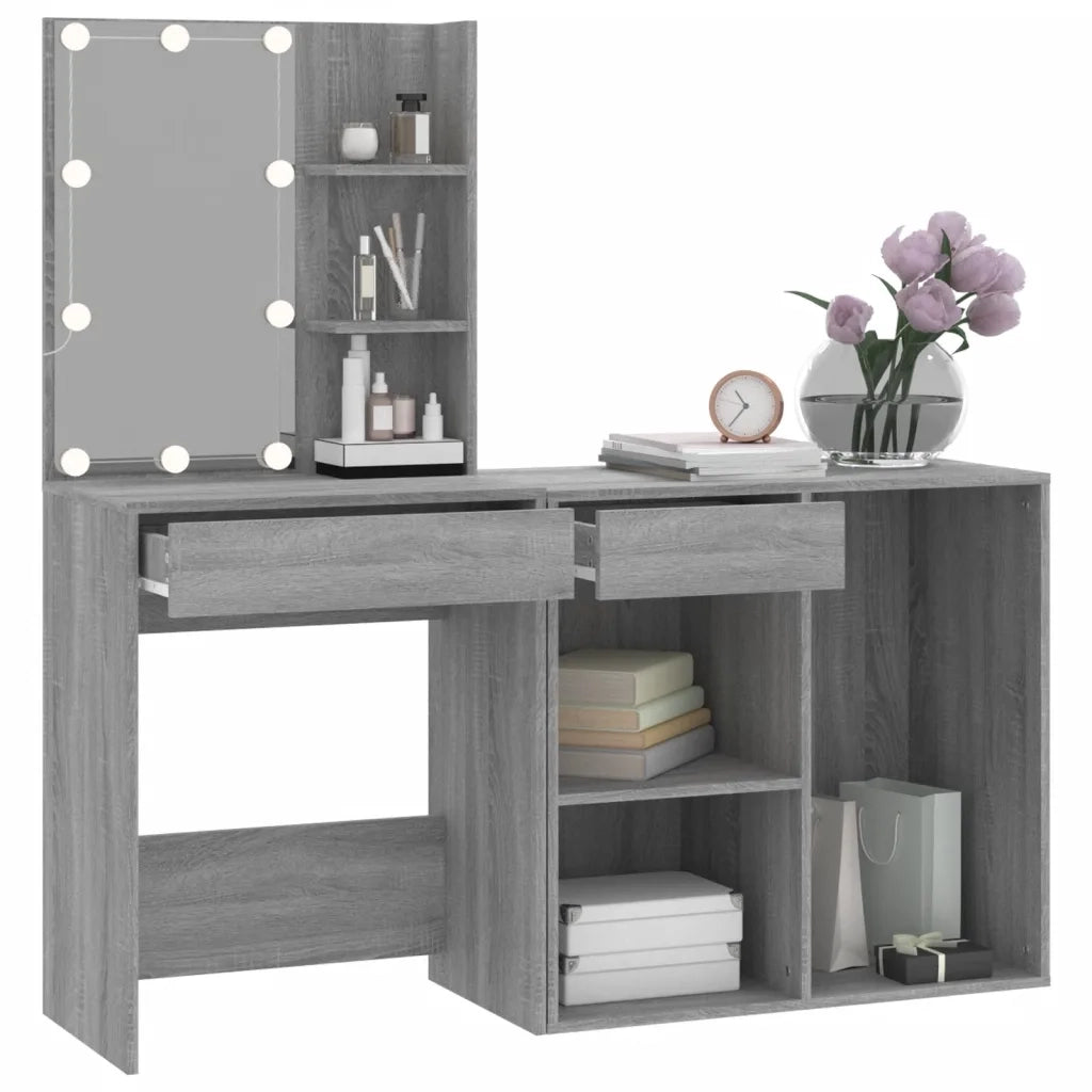 Toeletta | Tavolo da Trucco con LED e Armadietto Grigio Sonoma Legno Multistrato