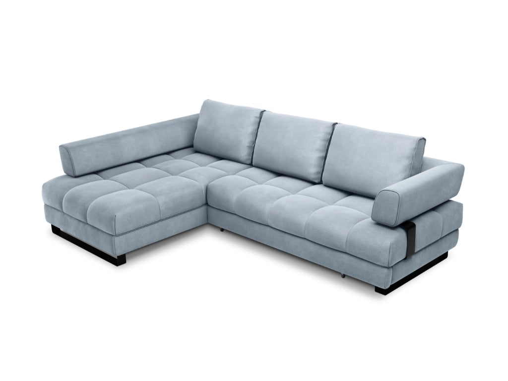 Cosmopolitan Design - Divano convertibile angolare sinistro con contenitore "Clinton" 5 posti in velluto azzurro 