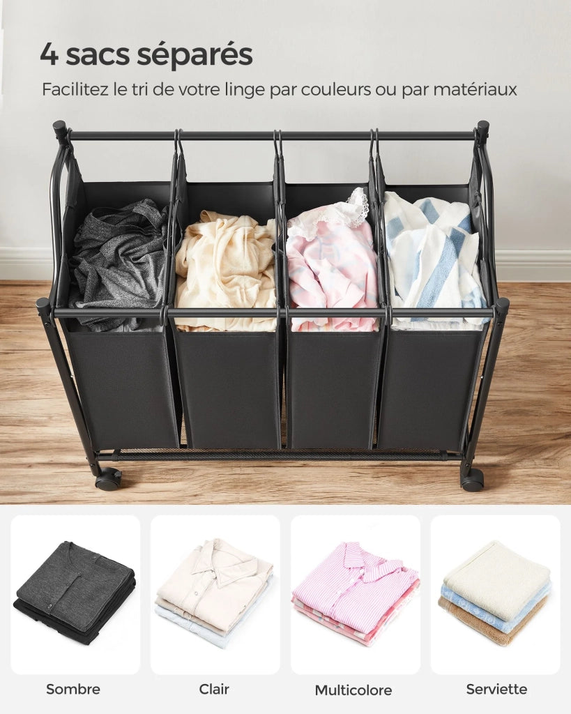 Carrello portabiancheria cesto portabiancheria cesto portabiancheria con 4 sacchi estraibili cesto portabiancheria resistente con ruote 4 x 35 litri nero 12_0004997