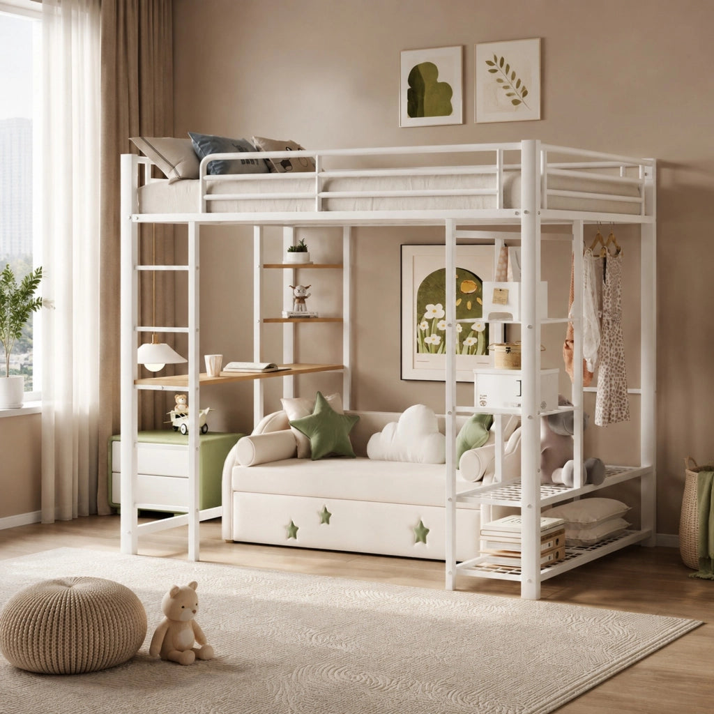 Letto a soppalco multifunzionale 90x200 cm con scrivania, armadio e ripiani