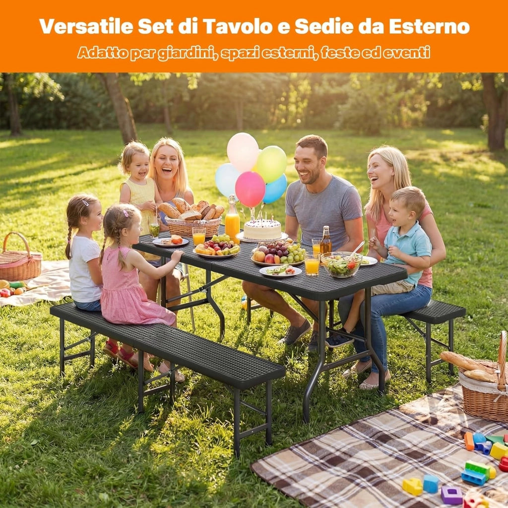Set 3 Tavoli e Panche Birreria Pieghevoli Rattan, 1 Tavolo 180x74x74cm + 2 Panca da Esterno 180x30x43cm, Robusta Portatile Facile da Pulire Pieghevole Tavolo Birreria con Panche per 6-8 Persone