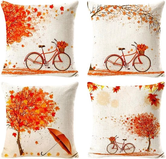 Decorazioni per divano 45 x 45 cm - 4 pezzi - Decorazione autunnale - Motivo foglie di quercia - Materiale di lino - Per divano/soggiorno - Decorazioni per cuscini