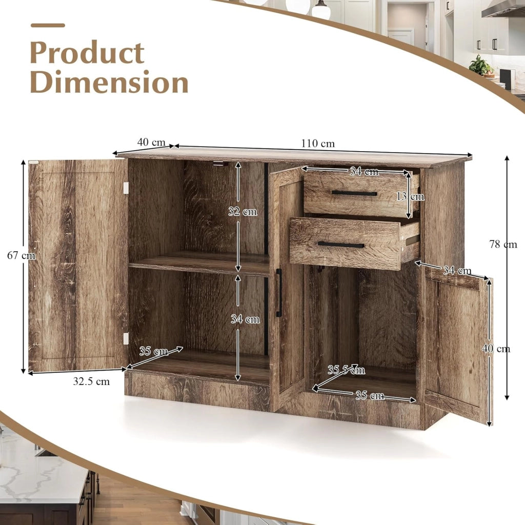 Armadietto Portaoggetti Multifunzione, Credenza da Cucina con 2 Armadi, Ante e 2 Cassetti, Mobile Portaoggetti con Dispositivo Antiribaltamento, Retrò, Grigio, 110 x 40 x 78 cm