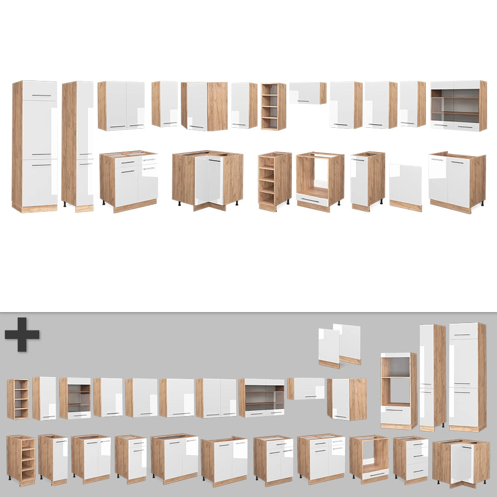 Vicco Cucina angolare completa Bianco lucido/oro power oak 347 x 257 cm senza piano di lavoro