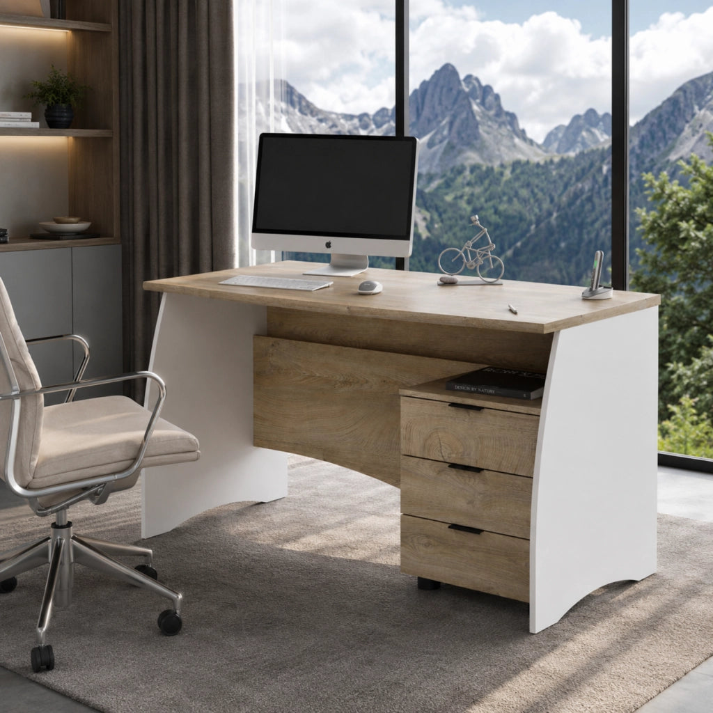 Mobile Desk  Con 3 Cassetti Scrivania Da Studio O Ufficio Scrittoio Per Soggiorno E Sala Da Pranzo 136 X 74 X 67 Cm Bianco E Rovere