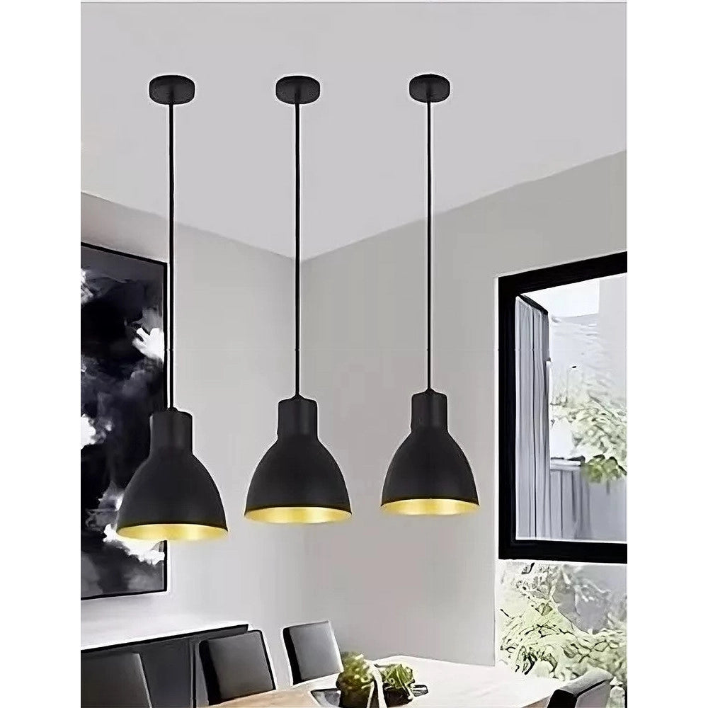 Trade Shop - Lampadario A Sospensione E27 Ferro Paralume Moderno Contemporaneo Campanella Nera Oro 33269 -