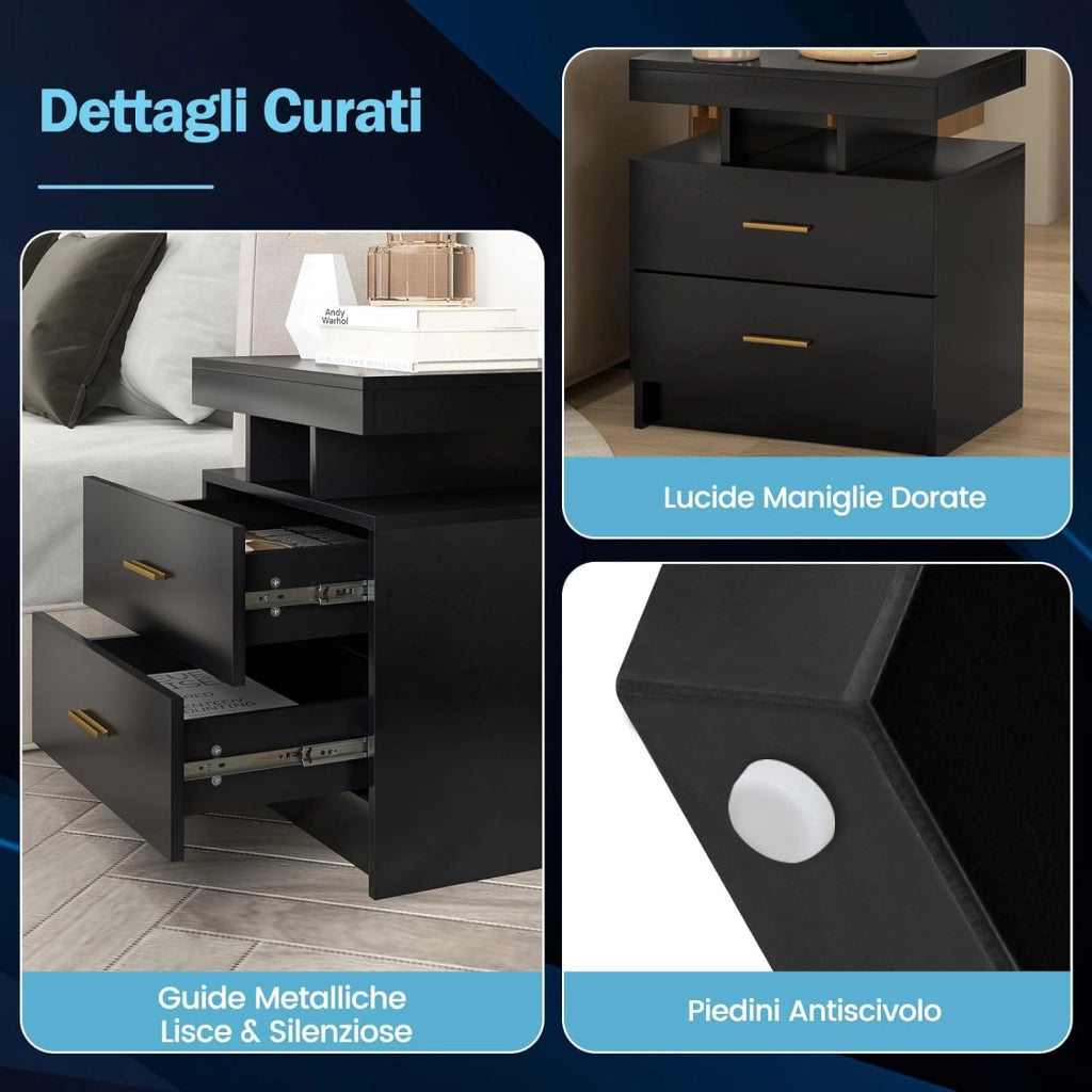 Comodino con Luci LED 50x40x58cm, Tavolino Camera da Letto Moderno con 2 Cassetti, Mobile Cameratta con Telecomando per Soggiorno e Ufficio (Nero)