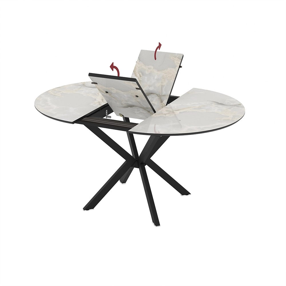Tavolo rotondo allungabile Diano effetto marmo bianco mola con gambe nere in metallo 110x110x76H
