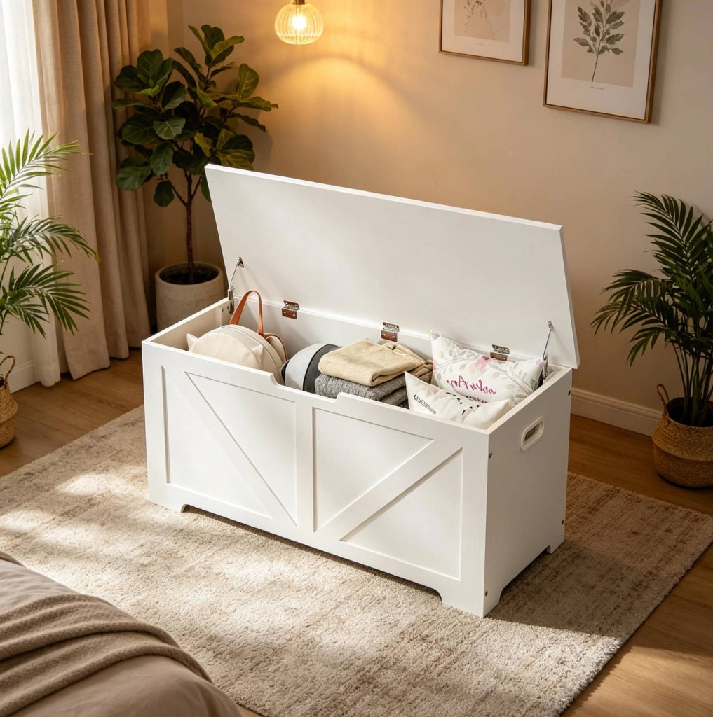 Panca contenitore ULEVR 100x40x47 cm con coperchio a cerniera, 76 L, bianca