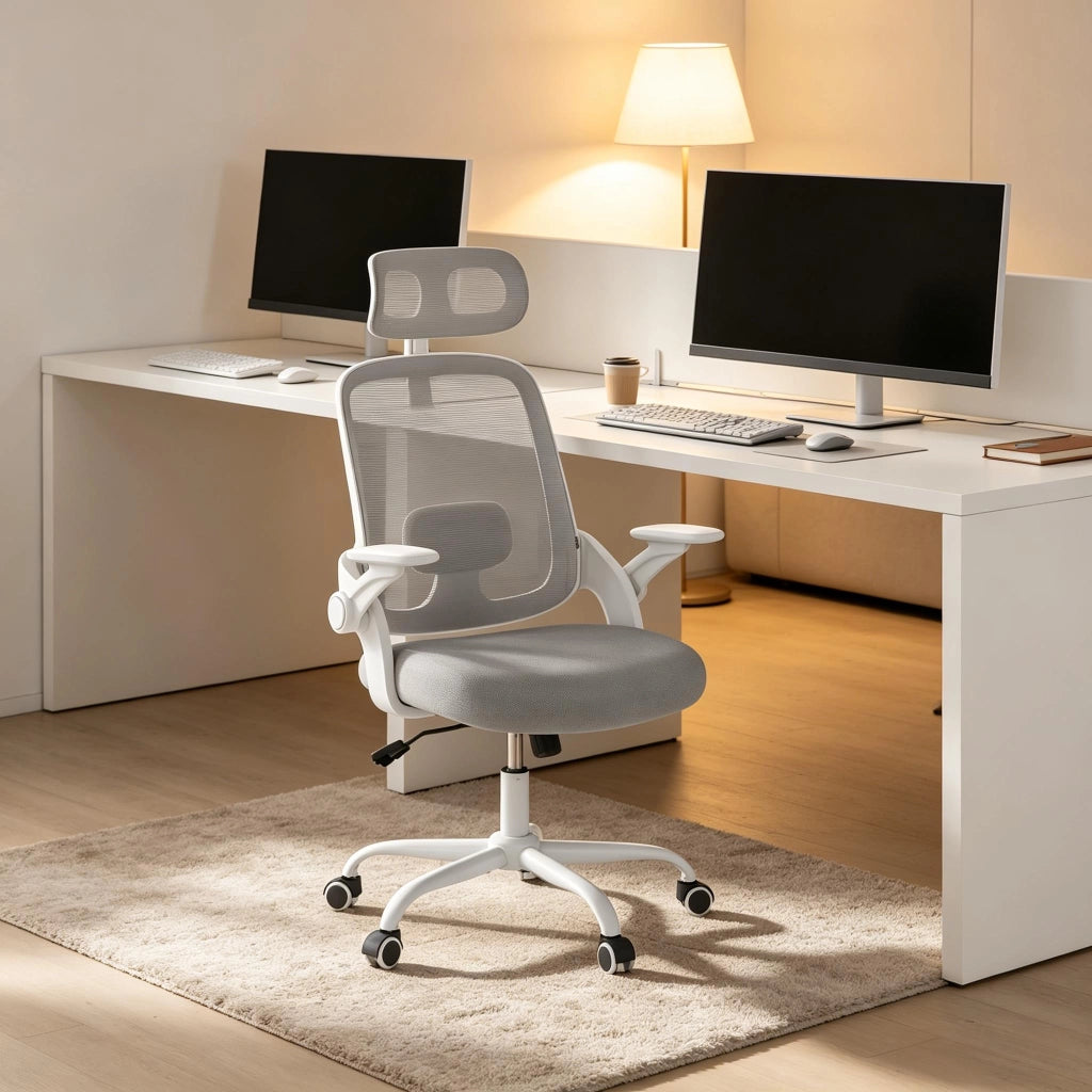Sedia da ufficio ergonomica con schienale alto e braccioli 3D in rete e metallo grigio chiaro