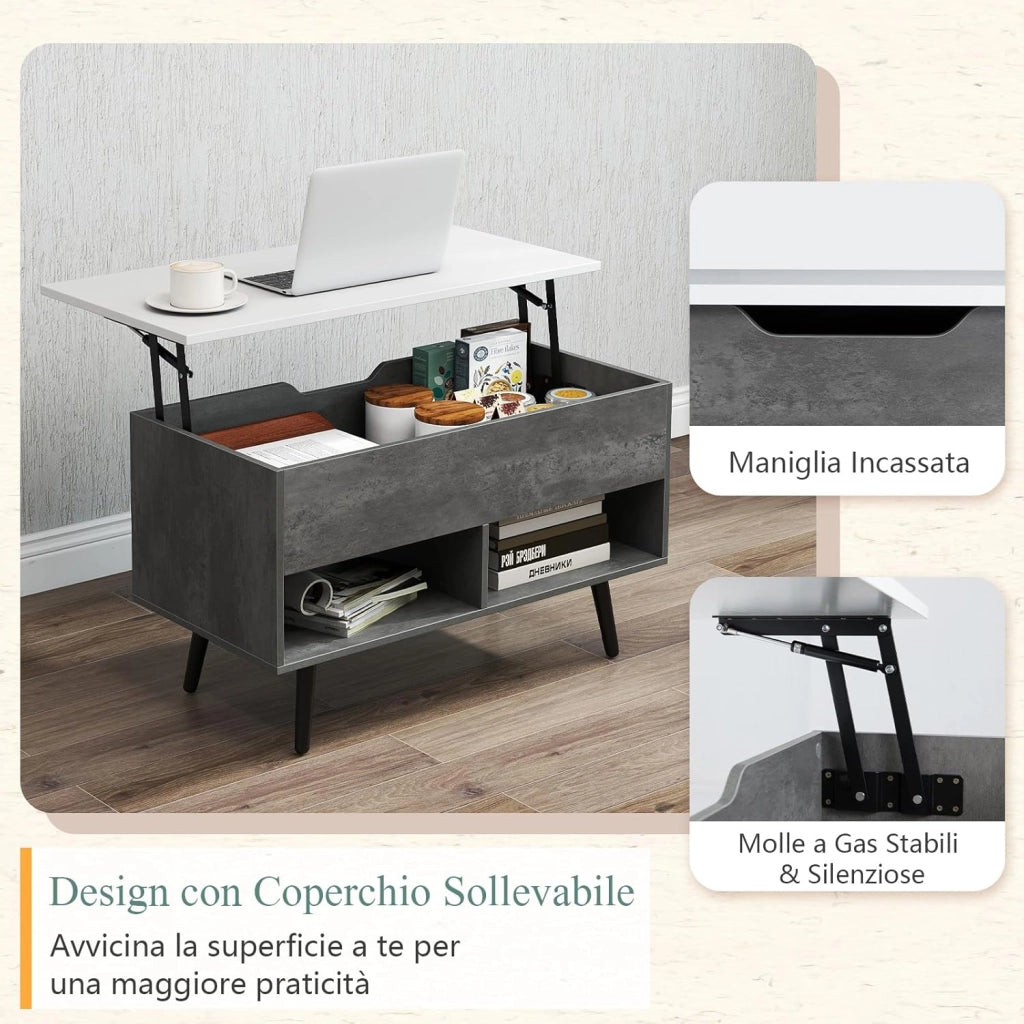 Tavolino da Salotto con Superficie Sollevabile, Tavolino da Caffè Moderno con Scompartimento Nascosto e 2 Ripiani, Ideale per Salone, Ufficio e Sala Riunioni (Grigio)