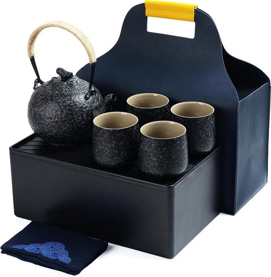 Servizio da tè portatile in legno di carbone, 1 Teekanne (700 ml/25 oz) + 4 Tazze da tè (205 ml/7.2 oz), U2, cassetta per conservare le foglie di tè, set da tè Teekanne e borsa