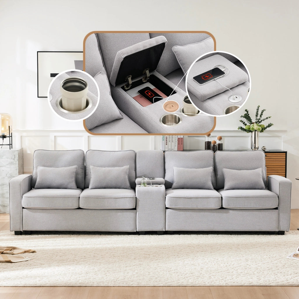 Divano Lineare 4 Posti con USB, Consolle, 2 Portabicchieri e Tasche Laterali, in Lino Grigio 290 × 83 × 88 cm