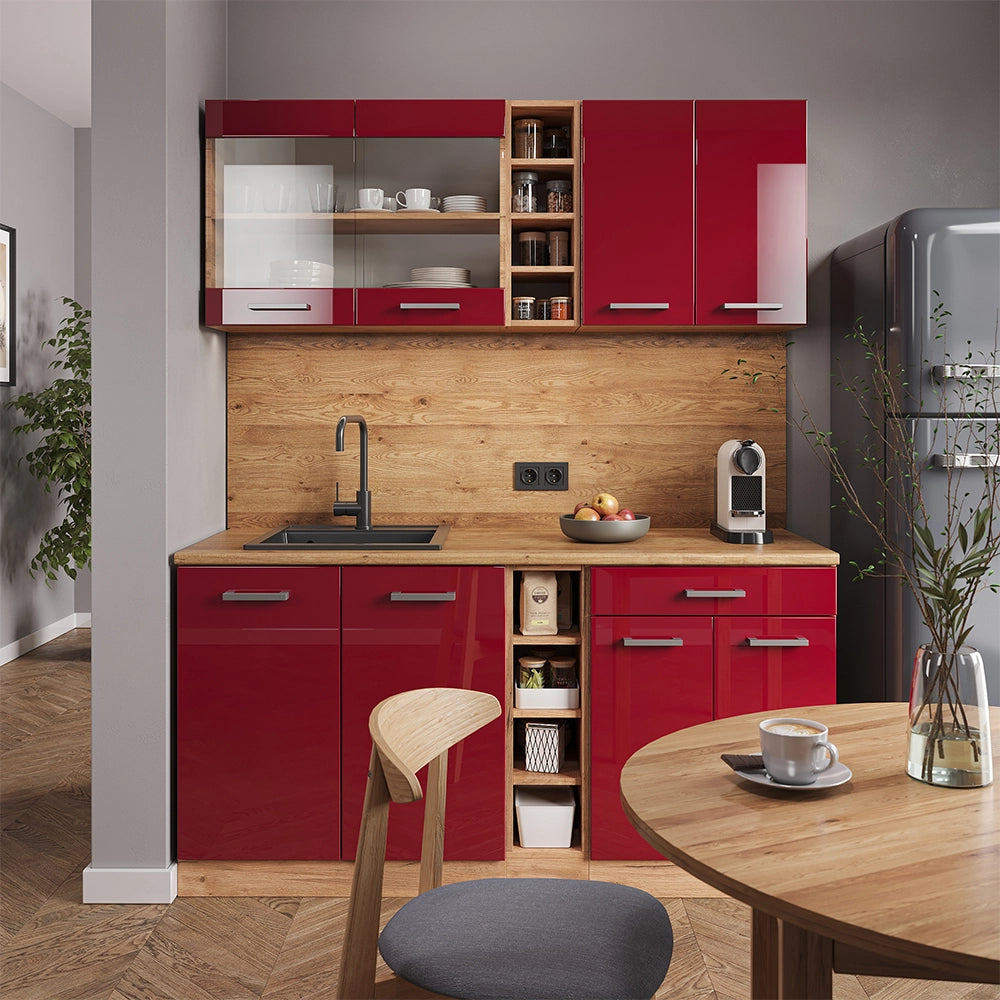 Vicco Cucina completa Rosso lucido/rovere dorato 160 cm , PL Marmo