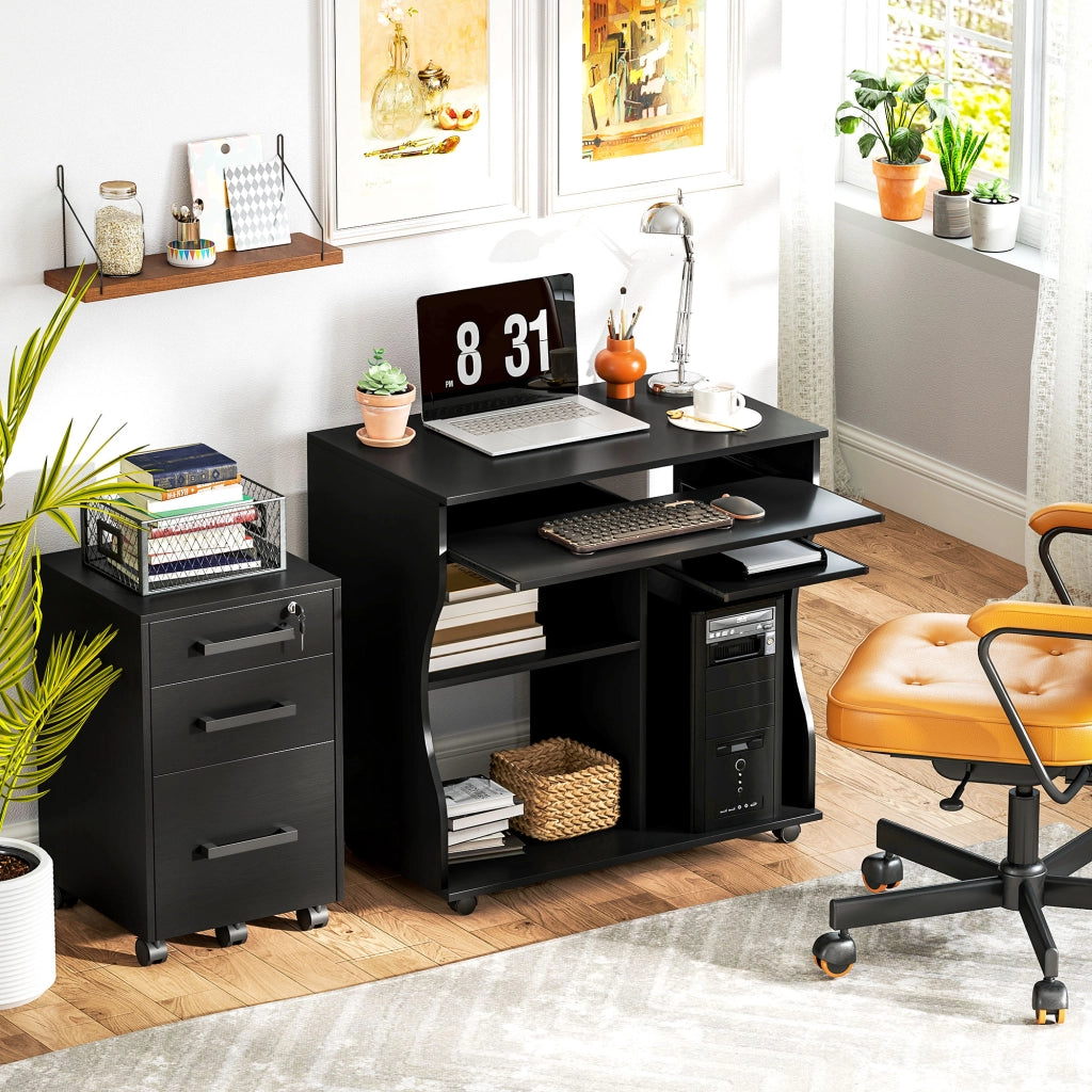 Scrivania Porta PC con Ruote e Ripiani, Tavolo per Computer Salvaspazio, 80 x 48 x 75 cm, Nero
