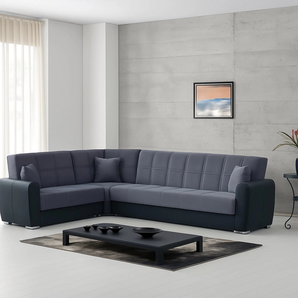 Divano letto Gaillardia, Divano letto contenitore ad angolo in ecopelle e tessuto, SofÒ  da soggiorno con apertura click-clack e penisola reversibile, 305x238h91 cm, Nero e Grigio Tortora\