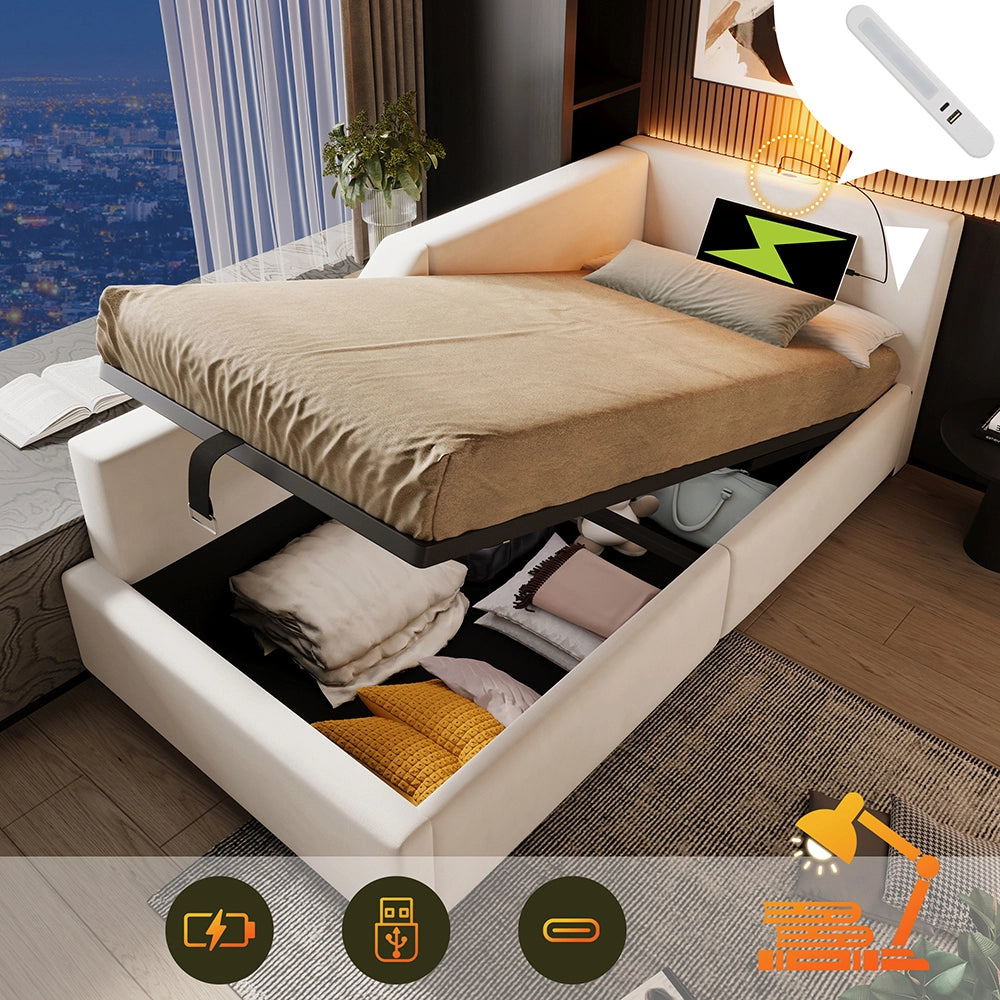 Letto a cassone per bambini - Xylo - 90x190 cm - Beige - Luci notturne e ricarica USB-C
