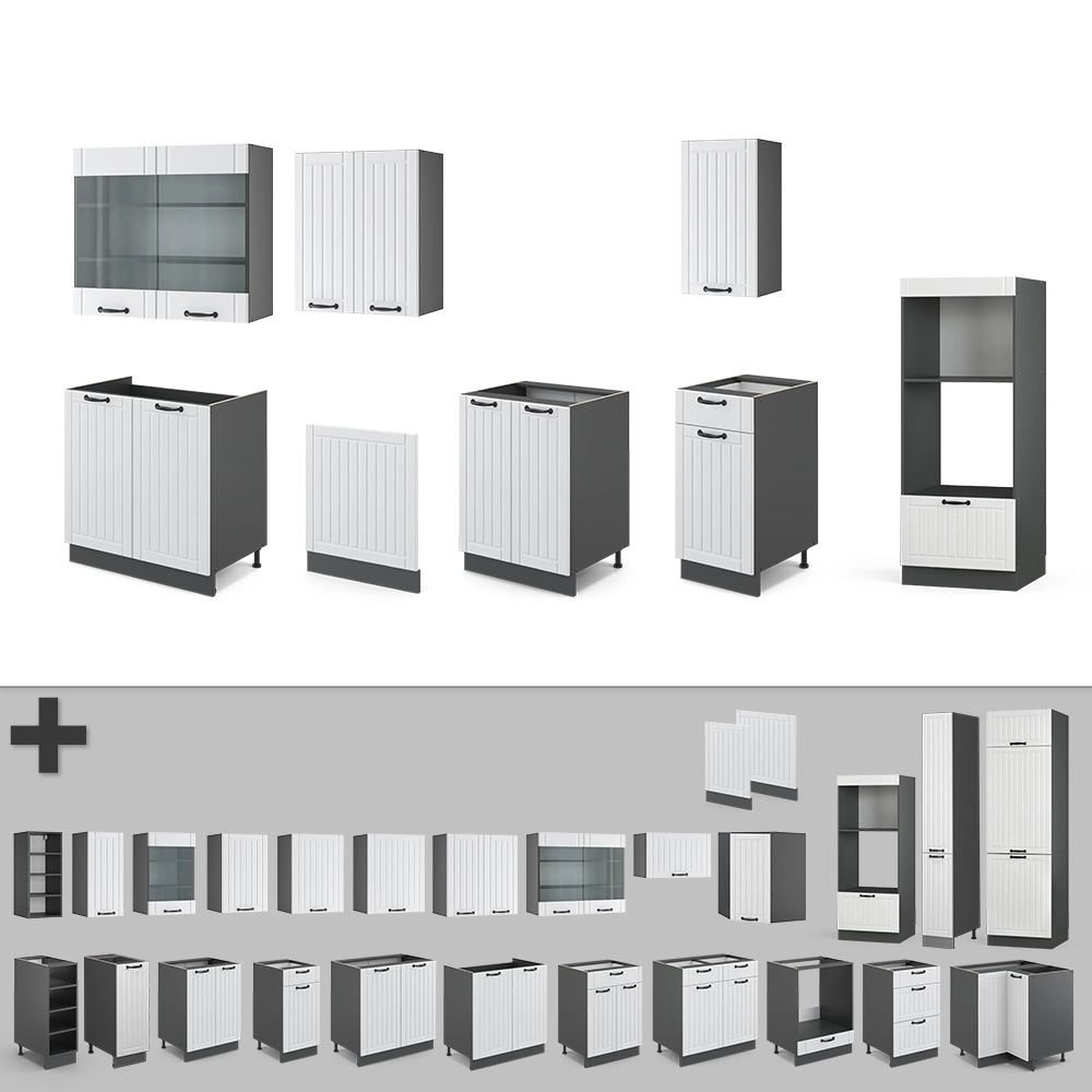 Vicco Cucina componibile Bianco casa di campagna/antracite 300 cm con armadio alto, PL Marmo