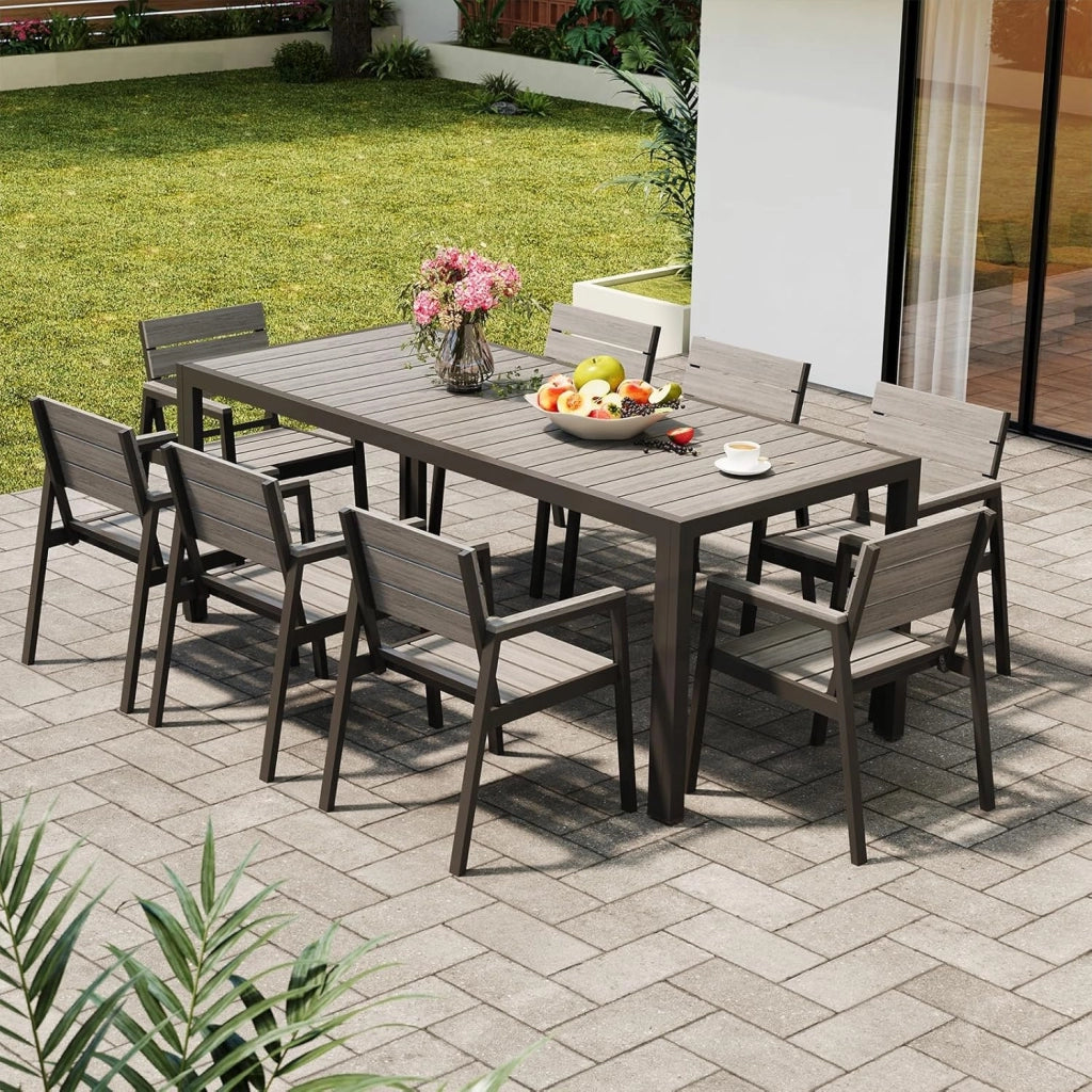 HDPS Set Tavolo e Sedie da Giardino 9 Pezzi Resistente alle Intemperie, Completo di Tavolo 189 cm e 8 Sedie da Esterno in Alluminio, Finitura a Vena di Legno e Facile da Manutenzionare (Grigio)