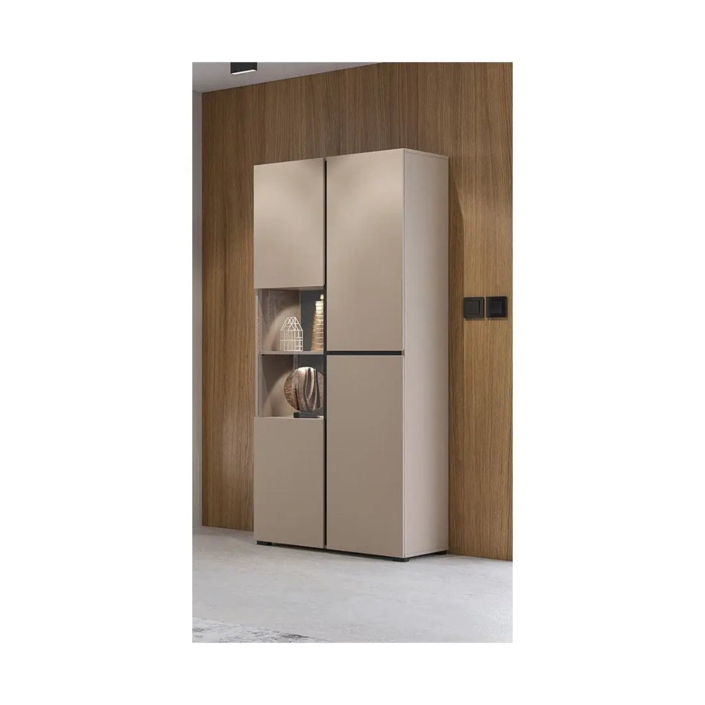 Vetrina alta 2 porte collezione HAVANA. Colori beige e nero.