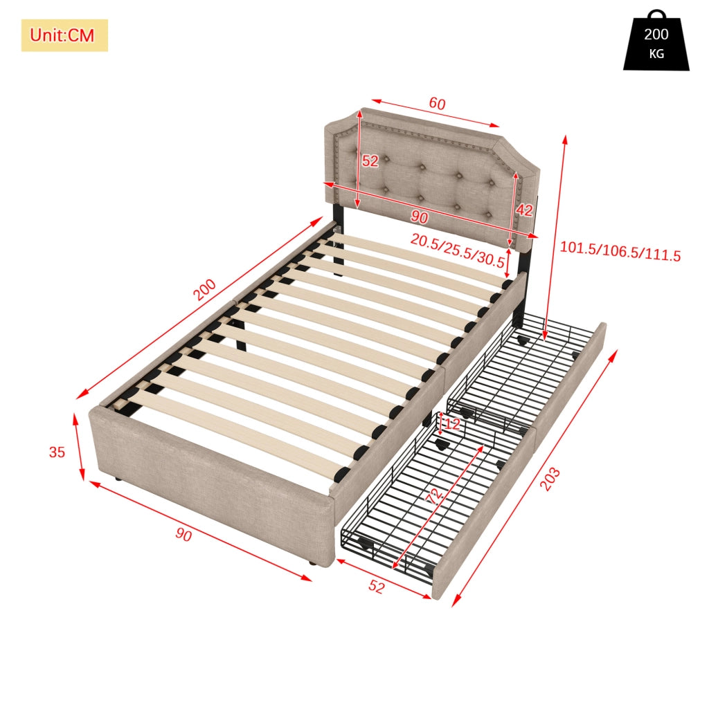 Letto imbottito 90x200 cm con 2 cassetti; testiera regolabile; in MDF e tessuto lino beige scuro