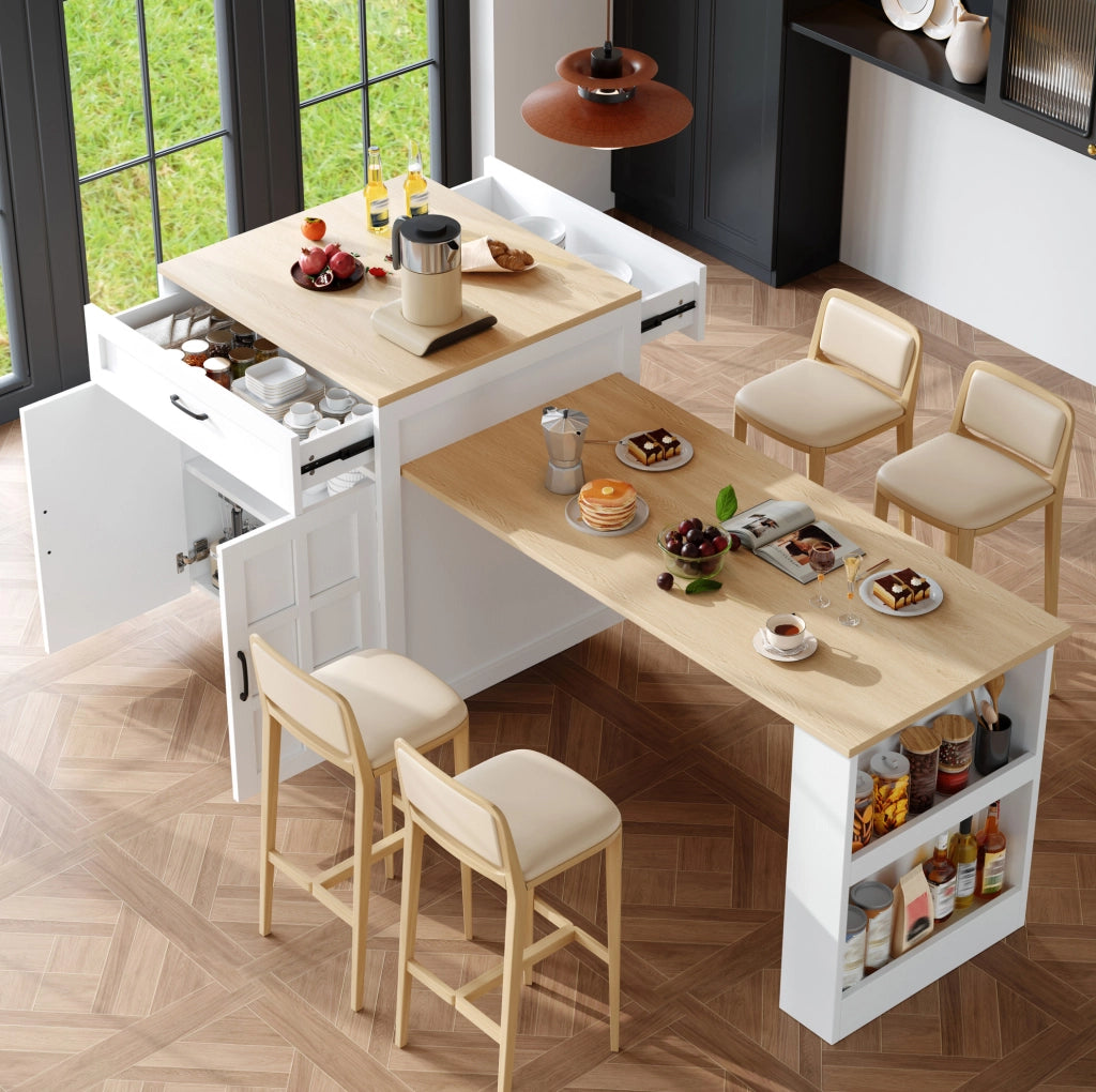 Tavolo bar 133-202x70x93.5 cm allungabile con contenitore e ripiani in MDF bianco