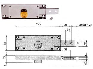 SERRATURA PER SERRANDA LATERALE CILINDRO FISSO TONDO- - SX mm.155x15x55h. (8233.9) - 2 pezzi VIRO