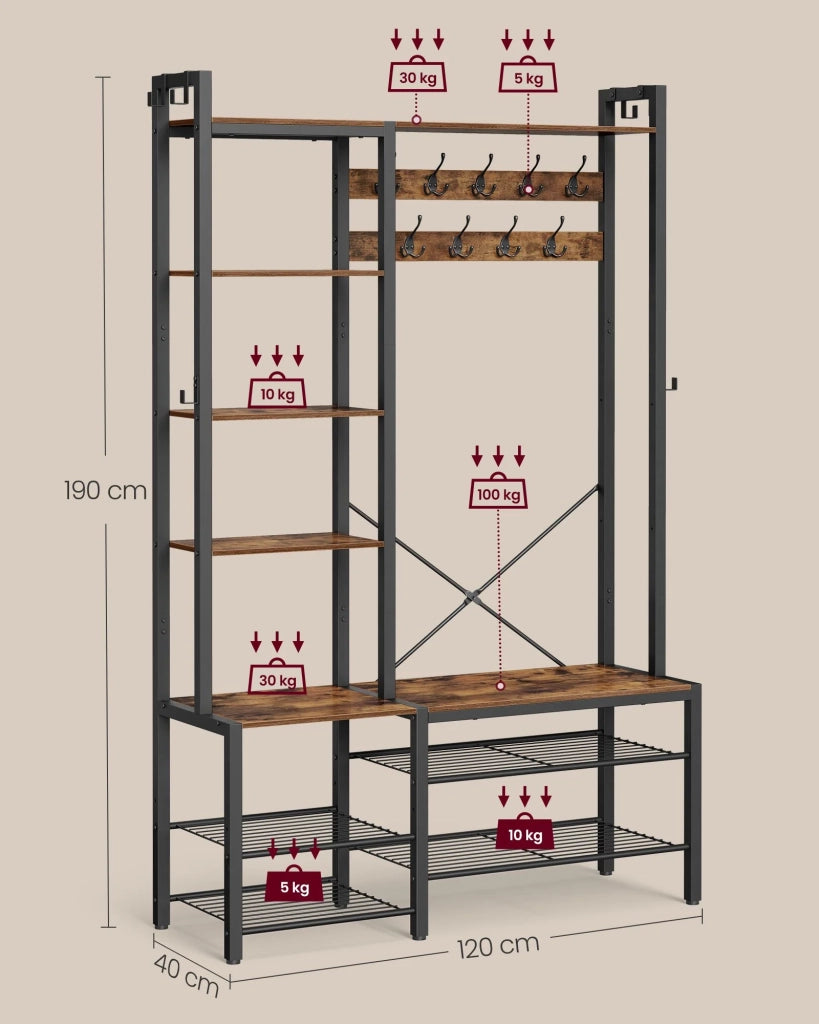 Appendiabiti da ingresso 40 x 120 x 190 cm con scarpiera 5 ripiani portaoggetti 9 ganci e 6 ganci laterali 12_0007073