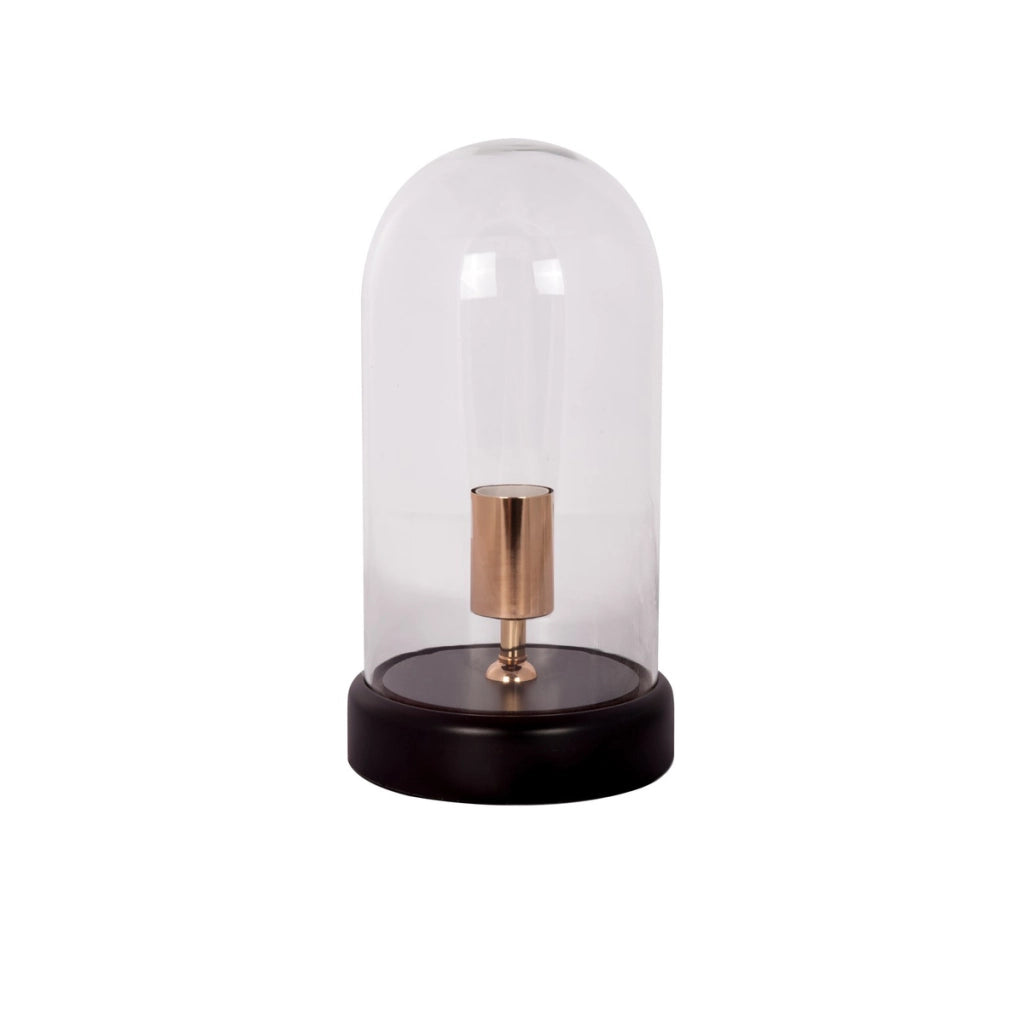 Lampada da tavolo Ceti in vetro trasparente a cupola con base in legno