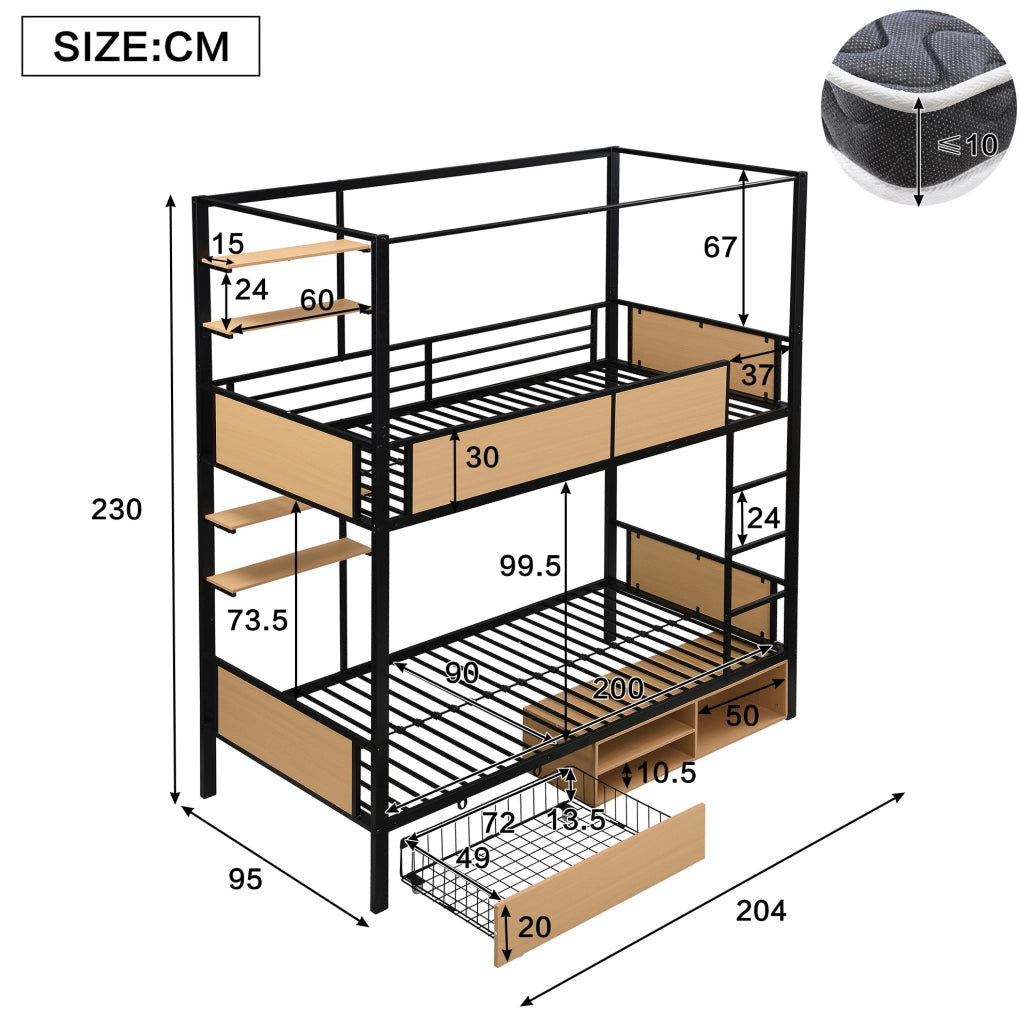 Letto a castello in metallo e MDF con vani contenitore e scaffali laterali